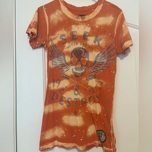 Y2K Affliction Distressed T Shirt Women’s Sz Large Skull Seek And Destroy Orange